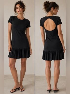 ALYTHEA  Black Drop Waist Open-Back Pleated Skirt Dress